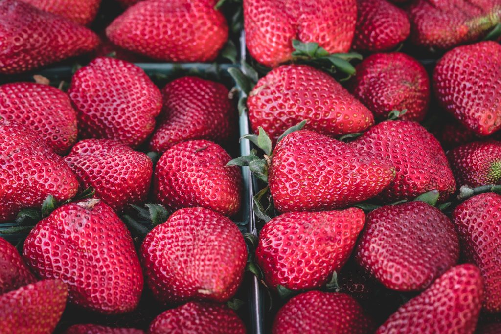 Fraises de printemps fraîchement cueillies dans une coupelle